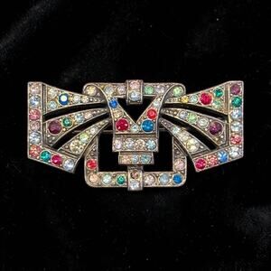 Art Deco Rhinestone Brooch Czech Glass Multicolor Stones Trombone Clasp 1920s